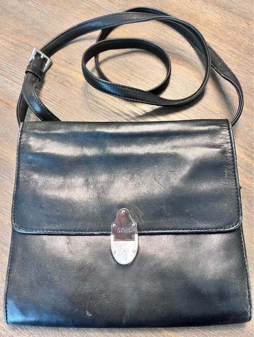 Vintage Enzo Angiolini Black Leather Crossbody Bag Silver Lock Flap